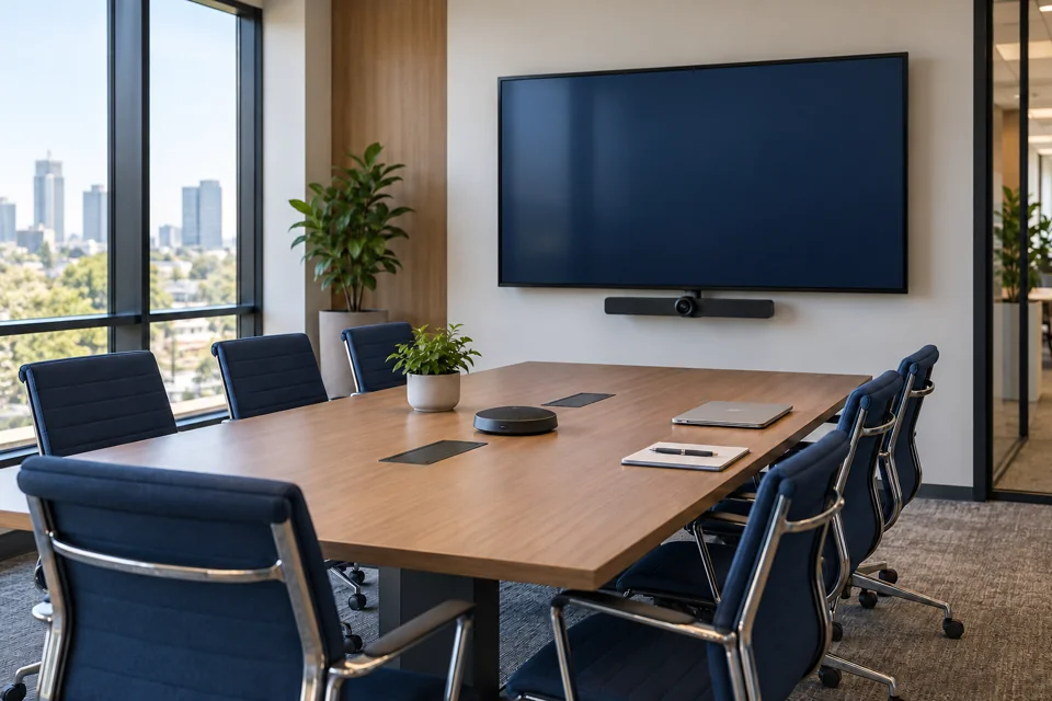 Empty conference room with a wall display, conferencing camera and tabletop speakerphone